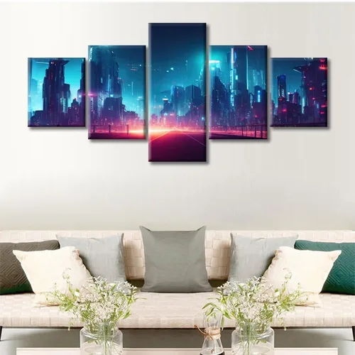 Vista 342 de Cuadros de 5 paneles de Cyberpunk City, arte de pared, representación de vallas publicitarias, edificios modernos en la capital con obras de arte