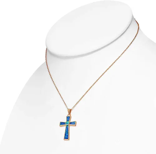Vista 2 de 925 Sterling Silver Simulated Blue Opal Religious Cross Pendant Necklace, 18