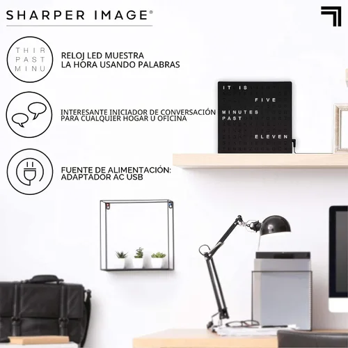 Vista 3 de Sharper Image Reloj Digital de Palabras LED, 7.75", Acabado Negro, Reloj de Escritorio y Pared Iluminado, Pantalla de Tiempo Moderna, Estante