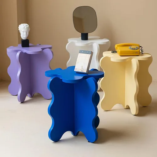 Vista 7 de HM&DX Mini mesa de centro de pétalos, mesa auxiliar de madera maciza con ondas de dibujos animados con patas en forma de X, mesas auxiliares