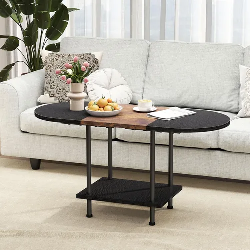 Vista 4 de Mesas de café, mesa central moderna con estante de almacenamiento, mesa de 2 niveles para sala de estar, diseño moderno de dos tonos (negro mezclado)