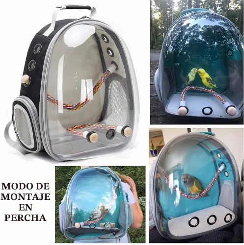 Vista 3 de Jaula de transporte de pájaros, cápsula de espacio transparente, mochila de astronauta para llevar periquitos, cacatúas, loro con bandeja de metal