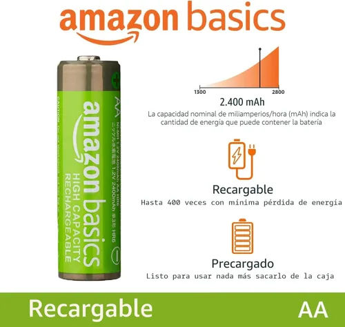 Vista 2 de Amazon Basics - Paquete de 24 pilas recargables AA NiMH de alta capacidad de 2400 mAh, 1.2V, recarga hasta 400 veces, precargadas