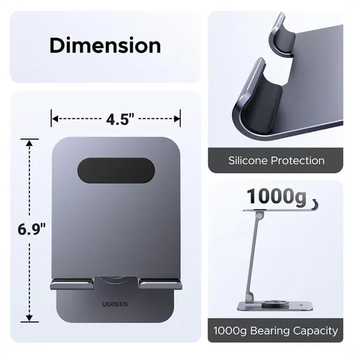 Vista 5 de UGREEN Soporte para tablet para escritorio con base giratoria de 360°, soporte de aluminio ajustable de múltiples ángulos, accesorios para el hogar