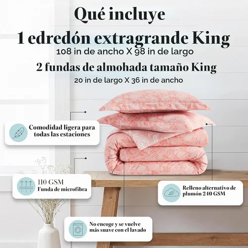 Vista 2 de Juego de edredón de gran tamaño King con 2 fundas de almohada, perfecto 13 - Paisley Coral Haze