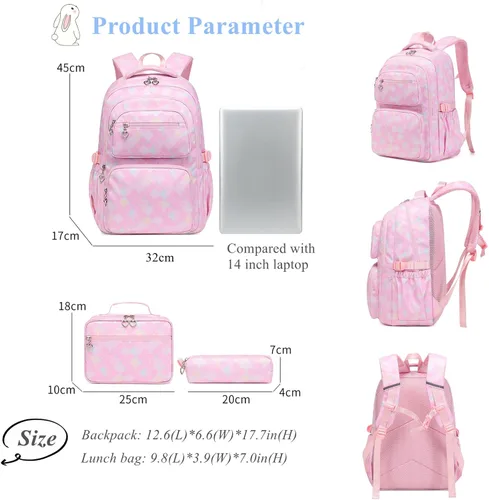 Vista 3 de Juego de 3 mochilas para niñas con bolsa de almuerzo a juego, mochila escolar para niñas
