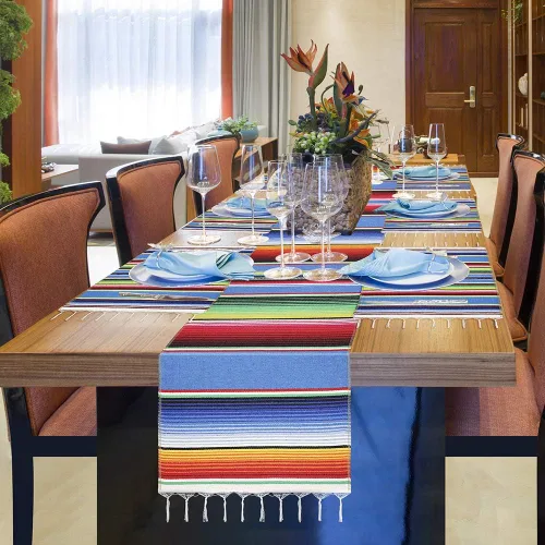 Vista 4 de Camino de mesa mexicano con manteles individuales (8 unidades), manteles individuales surtidos de serape mexicano, decoraciones de boda, manta