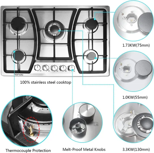 Vista 6 de Placa de cocina de gas de 30 pulgadas, 5 quemadores, estufa de gas, estufa de acero inoxidable, 5 quemadores sellados, rejillas de hierro fundido
