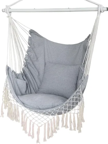 Vista 11 de Silla Hamaca, Asiento de Columpio Colgante de Cuerda con 2 Cojines, Silla Colgante de Macramé con Bolsillo Lateral con Varilla de Metal de Alta