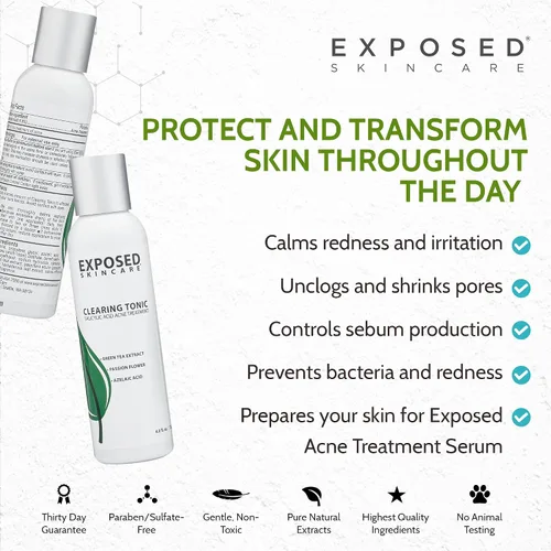 Vista 6 de Exposed Skin Care, Clearing Tonic - Tónico facial con 1% de ácido salicílico y hamamelis, tónico diario para acné de adolescentes y adultos, puntos