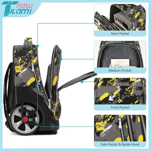 Vista 40 de NEW TILAMI Mochila con ruedas de 19 pulgadas con bolsa de almuerzo para niñas y niños, mochila para laptop con ruedas, bolsa de mano duradera