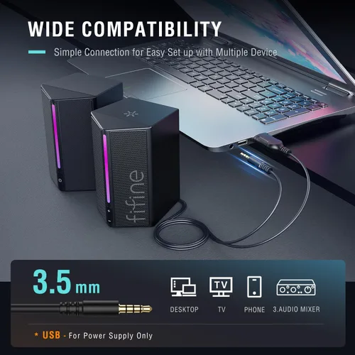 Vista 4 de FIFINE Altavoces de computadora, altavoces de computadora de escritorio con control de volumen, altavoces RGB para juegos con cable de audio