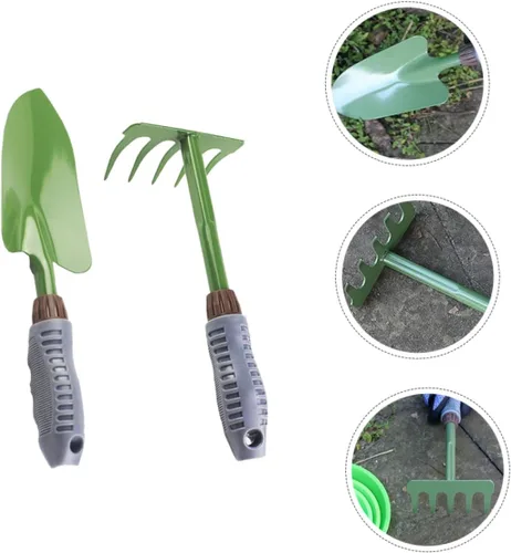 Vista 5 de POPETPOP Juego de herramientas manuales de jardinería: rastrillo de pala multifuncional, ligero, cómodo, mango de plástico, fácil de almacenar, kit