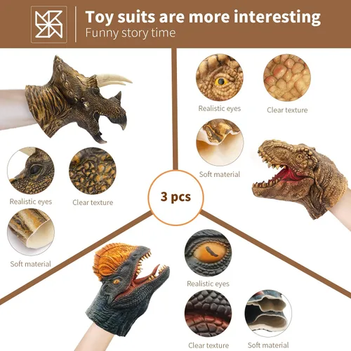Vista 5 de Yolococa Juego de títeres de mano de dinosaurio realista de látex suave con cabeza de animal, juguetes de marionetas de mano, regalo para niños
