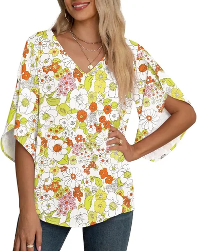 Vista 27 de Blusas de gasa con mangas 3/4 arrugadas de otoño para mujer de Jouica 01amy Verde