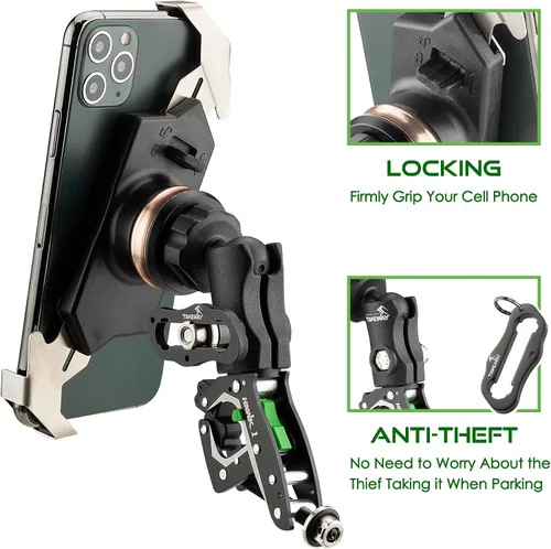 Vista 2 de Soporte para teléfono de motocicleta, soporte para teléfono móvil, base de abrazadera para manillar de motocicleta, ajustable, estable, brazo