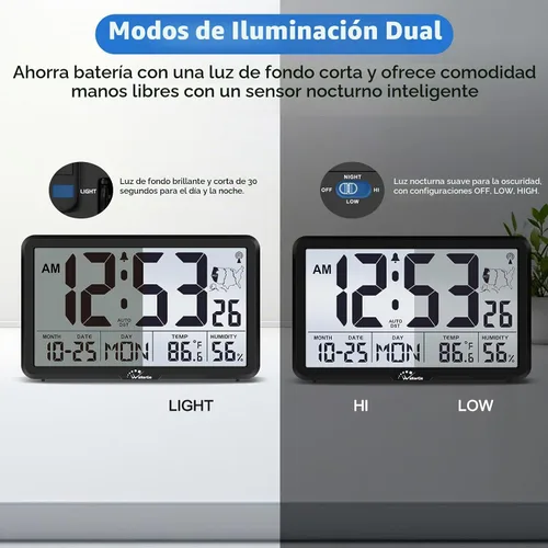 Vista 4 de WallarGe Reloj de pared atómico con luz de fondo, funciona con pilas Negro