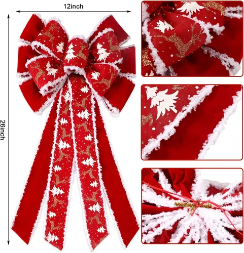 Vista 4 de Riceshoot 6 lazos grandes de Navidad para exteriores, 26 x 12 pulgadas, adorno para árbol de Navidad, lazo de terciopelo rojo con purpurina