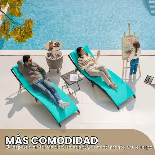Vista 2 de Devoko Juego de tumbonas para patio al aire libre de ratán con respaldo ajustable, 3 piezas acolchadas para patio plegable con mesa plegable (azul)