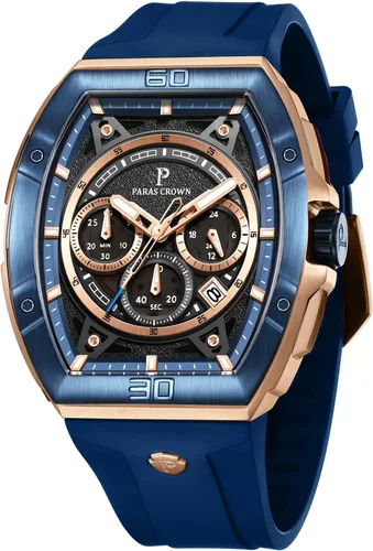 Vista 16 de Paras Crown Watches for Men Tonneau 5ATM Waterproof Quartz Luxury Chronograph Analog Men's Wrist Watches Stainless Steel Case Mens Watches Negro
