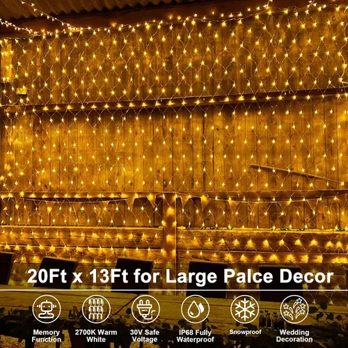 Vista 2 de echosari Luces de red para exteriores de 20 x 13 pies, enchufables con control remoto, 720 luces LED de red de Navidad IP68, totalmente impermeables