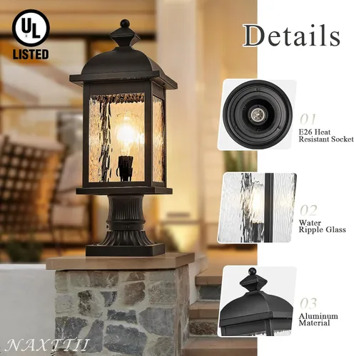 Vista 5 de Luz de poste al aire libre de aluminio para exteriores, con cable duro con vidrio ondulado de agua, acabado negro mate, 16 pulgadas de altura