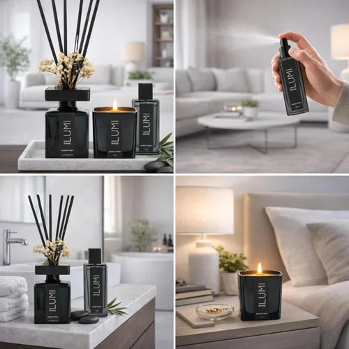 Vista 3 de Juego de regalo de aroma de lujo Aroma de bosque de bambú – Difusor de caña (6.8 fl oz), vela de soja con mecha de madera (7.05 oz), aerosol