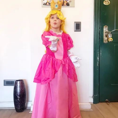 Vista 3 de Disfraz de princesa melocotón para niñas, cosplay, fiesta de Halloween, vestido de princesa melocotón con corona