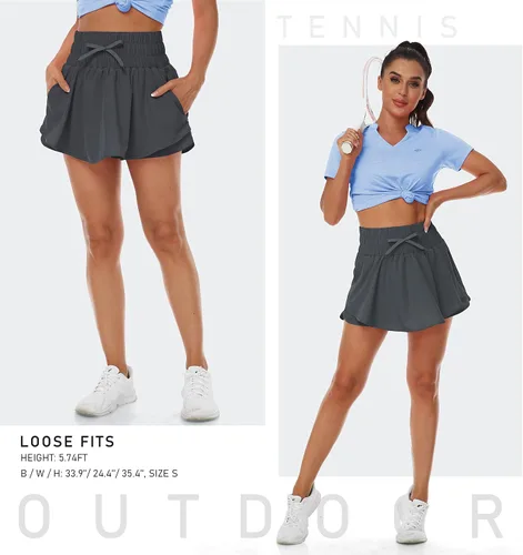 Vista 4 de MoFiz Pantalones cortos deportivos 2 en 1 para mujer, de secado rápido, cintura alta, casual, verano, entrenamiento, gimnasio, faldas con bolsillos