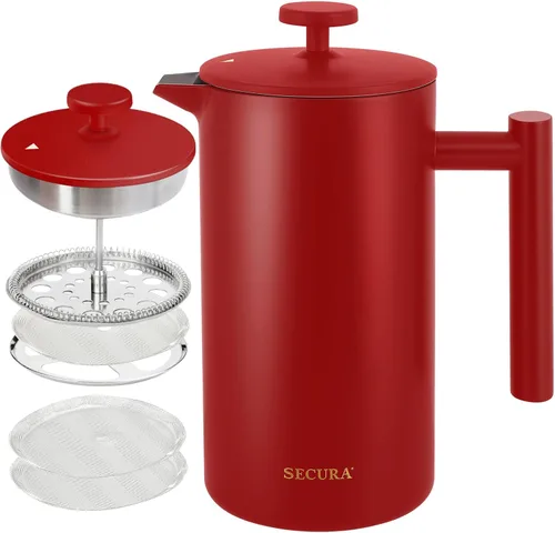 Vista 14 de Secura Cafetera de prensa francesa con filtro de acero inoxidable de 3 capas, 34 onzas, negro, diseño aislado de doble pared con 2 filtros