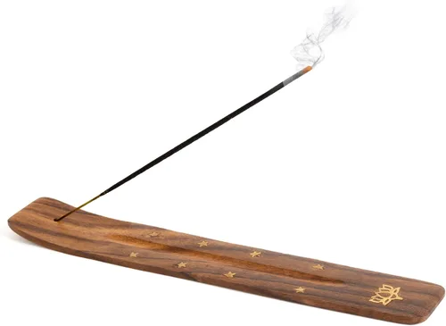 Vista 9 de Soporte de incienso de madera para palos con incrustaciones de luna creciente de latón de 10 pulgadas de largo