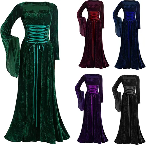 Vista 6 de SHOPESSA Vestido renacentista de manga acampanada para mujer, disfraz de Halloween, vestido victoriano, vestido largo hasta el suelo, vestido