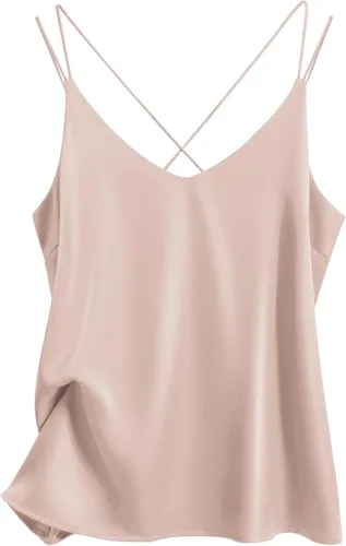 Vista 7 de Ekouaer - Blusa de satén de seda con cuello en V, espalda cruzada y tirantes delgados, camisola, camiseta sin mangas