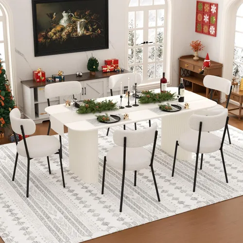 Vista 15 de Juego de mesa de comedor ovalada negra moderna de 70.9 pulgadas para 4, mesa de cocina rectangular estilo crema con sillas negras Boucle, juego