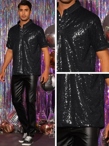 Vista 5 de Lars Amadeus Polo de lentejuelas para hombre, camisas brillantes de golf de manga corta para club y fiesta