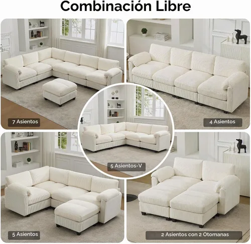 Vista 7 de Sofá modular de 61 pulgadas con otomana, asiento extra profundo para sala de estar, sofá de asiento profundo de pana con almohadas para Beige