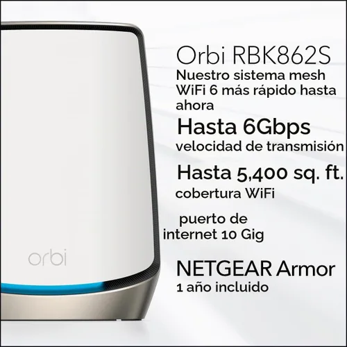 Vista 2 de NETGEAR Orbi Tri-Band WiFi 6 Mesh Network System (RBK862S) - Router + 1 extensor satelital, características de seguridad, hasta 6 Gbps, hasta 5,400