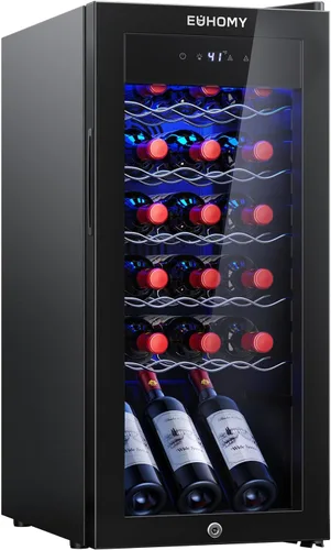 Vista 12 de EUHOMY Nevera de vino independiente de 18 litros, mini nevera para 4 botellas y 6 latas para vino tinto y blanco, bodega con pantalla digital LED
