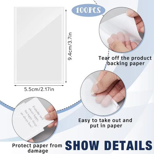 Vista 2 de Gueevin 100 unidades de 2 x 3.5 pulgadas, bolsillos autoadhesivos para exhibición, fundas de papel transparente para pared y puerta, protector