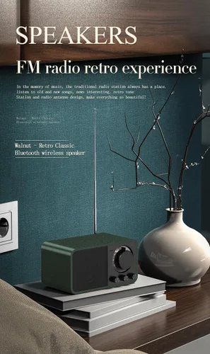 Vista 5 de Altavoz Bluetooth de madera retro, radio recargable de 1500 mAh con antena FM integrada, dial giratorio de sintonización FM, control de graves
