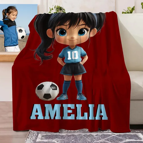 Vista 5 de callie Mantas de fútbol personalizadas para niños, manta deportiva personalizada de personajes de dibujos animados de franela suave / sherpa