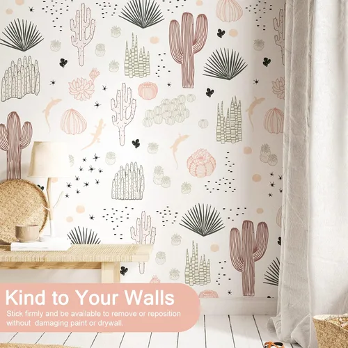 Vista 4 de Calcomanías de pared de cactus para dormitorio, calcomanías de pared de cactus dibujadas a mano, calcomanías de pared de cactus de vinilo para sala