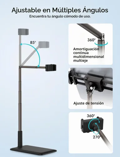 Vista 3 de Viozon Soporte de Piso para Tablet con Brazo Largo Flexible y Soporte para Teléfono, Ajustable en Ángulo 360°, Aleación de Aluminio, para Cama Negro