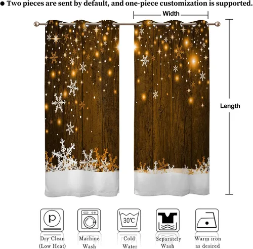 Vista 6 de Renaiss Cortinas opacas de Navidad con tablones de madera rústica para dormitorio, con ojales, estampado de copos de nieve navideños, cortinas