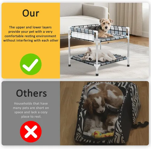 Vista 4 de Litera para Perros con Ventana de Cabecera - Cama Doble Elevada para Perros y Humanos con Barandilla de 2 Capas, Percha de Ventana para Perros, Cuna
