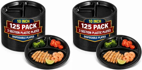 Vista 7 de Platos seccionales de plástico de 10 pulgadas con 3 compartimentos, platos desechables con compartimento, placas seccionales redondas negras de 10