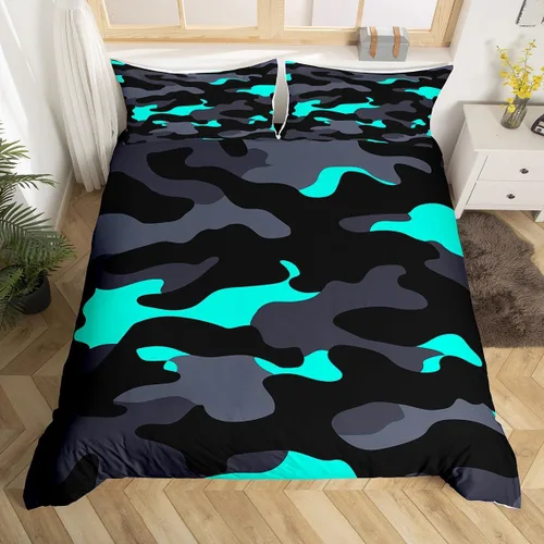 Vista 3 de Erosebridal Juego de funda de edredón de camuflaje verde azulado, negro, gris, camuflaje, funda de edredón de camuflaje militar, tamaño individual