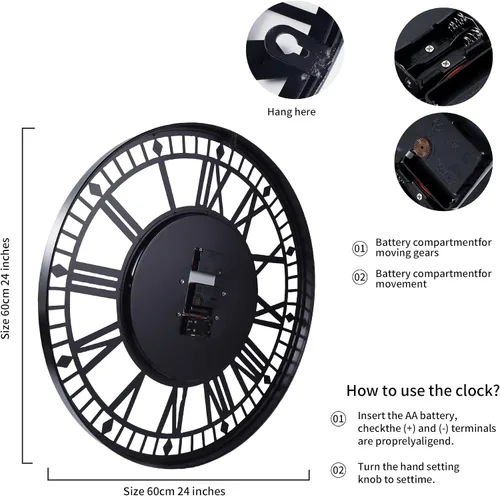 Vista 6 de Reloj de pared digital grande de 24 pulgadas con engranajes móviles reales, reloj redondo silencioso de metal industrial vintage para dormitorio