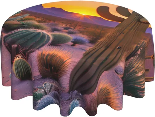 Vista 2 de Mantel decorativo redondo Cactus Desert Sunsets: transforma tus mesas de comedor y café con nuestro exuberante acento de lino