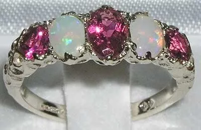 Vista 2 de Anillo de plata de ley 925 auténtica auténtica turmalina rosa y ópalo para mujer